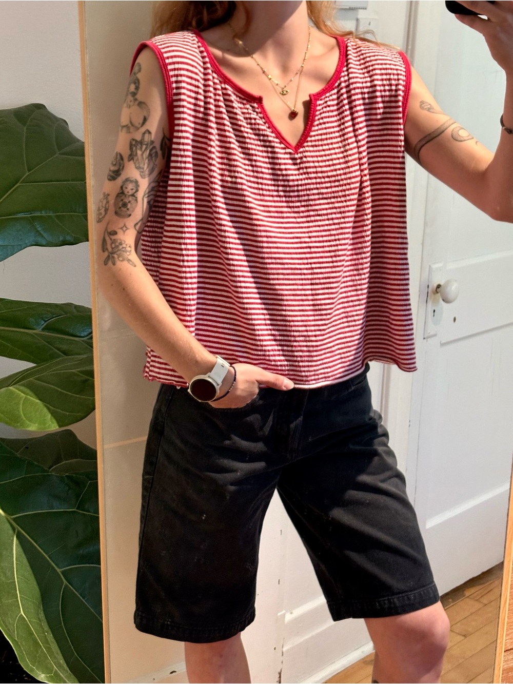 Faded Glory Red & White Striped V-Neck Tank